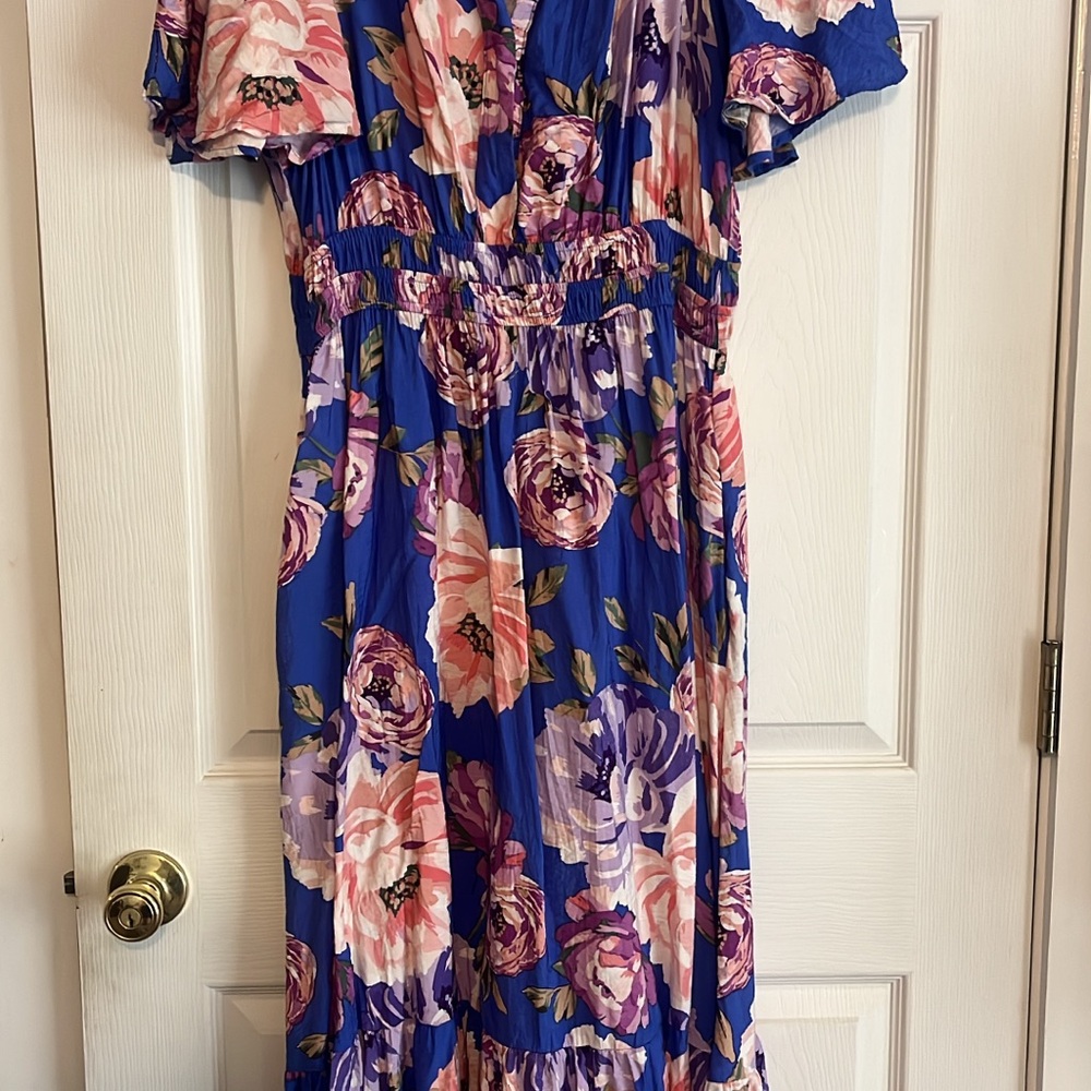 ODDY Royal Blue Floral Maxi Dress with Pink & Purple Roses
